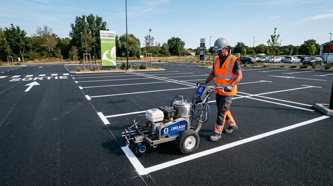 Opérateur réalisant un traçage horizontal sur un parking.